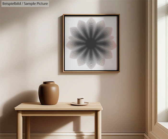 Minimalist interior with framed abstract flower art, ceramic vase, and small cup on a wooden table in natural light.