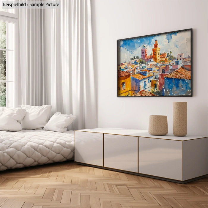 Modern bedroom with white bedding, wooden floor, colorful cityscape painting on wall, and minimalist decor.