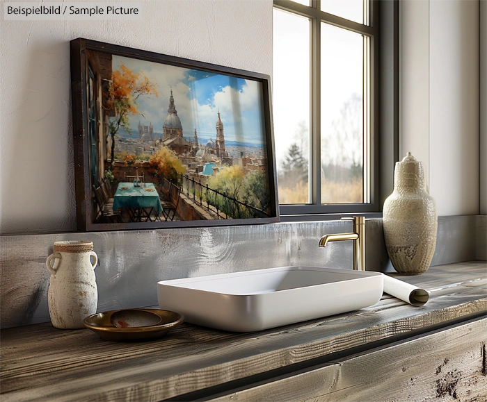 Modern bathroom sink with decorative vases and window, featuring a framed painting of a cityscape.