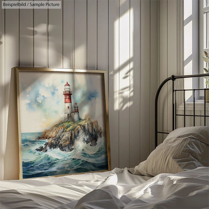 Framed lighthouse painting against a white wood-paneled wall in a sunlit bedroom corner.