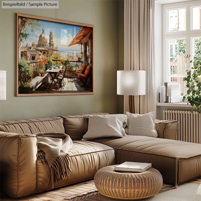 Cozy living room with a brown sectional sofa, textured cushions, and a painting of a terrace view on the wall.