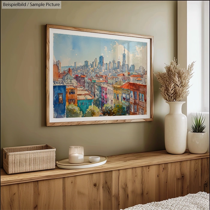 Framed cityscape painting hung on a green wall above a wooden console, with decorative plants and candles.