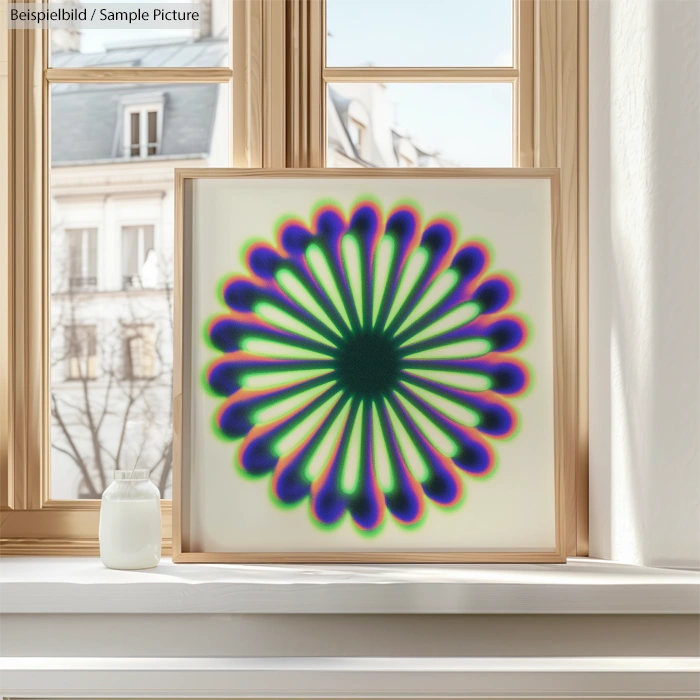 Vibrant circular art piece with multicolored petals on window sill, next to a small milk bottle, cityscape outside.