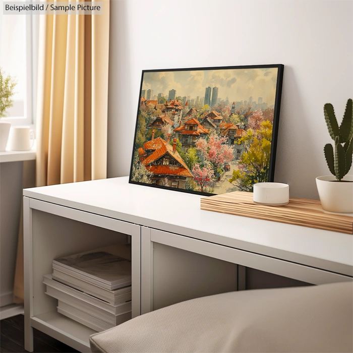 Painting of an urban landscape with flowers on a white shelf, a cactus, and a window with yellow curtains nearby.