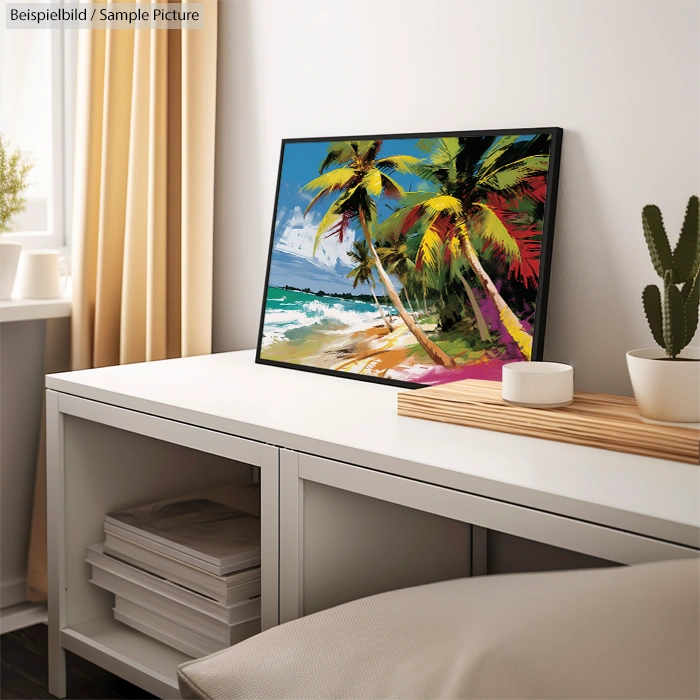 Coastal landscape painting with palm trees on a beach, vibrant colors, displayed on a white shelf near a window with blinds.