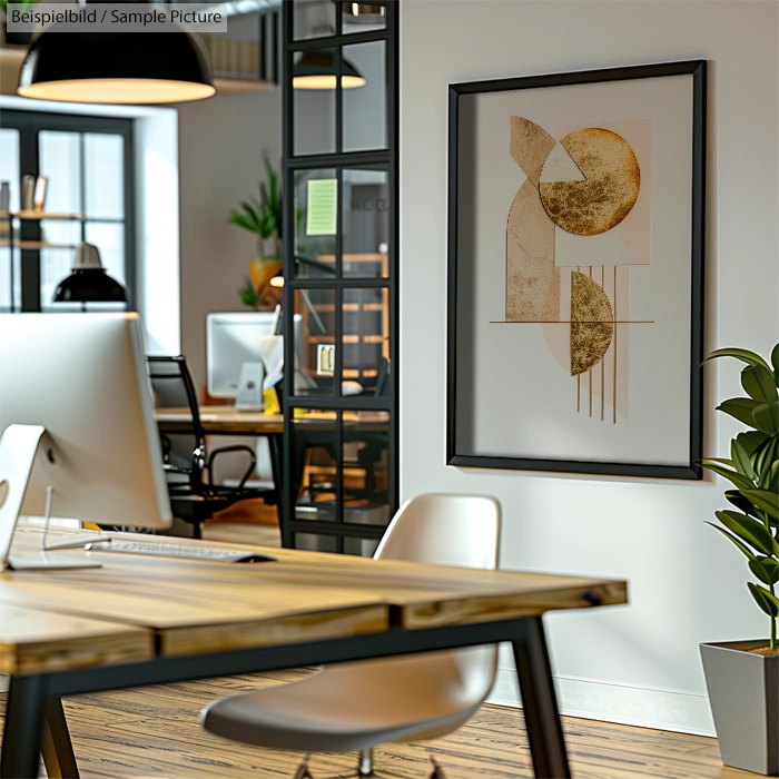 Modern office with abstract art on wall, wooden desk, computer, and indoor plant in a stylish setting.