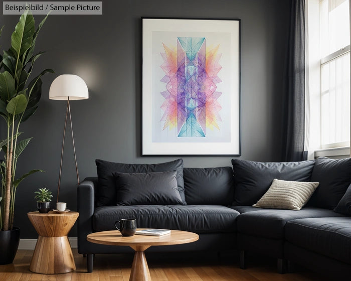 Modern living room with dark sofa, abstract geometric artwork on wall, and potted plant next to floor lamp.