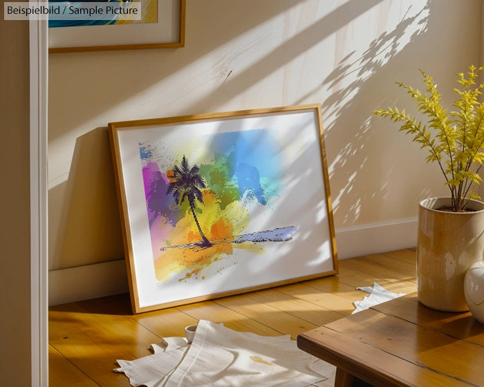 Framed beach painting with a palm tree on wooden floor, bathed in sunlight, next to a potted plant and wooden table.