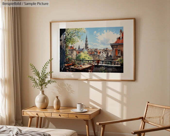 Framed painting of a cityscape with a tall spire, hanging in a cozy room with wooden furniture and a potted plant.
