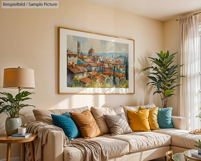 Cozy living room with a beige sofa, colorful cushions, potted plants, and a large framed painting of a city scene.