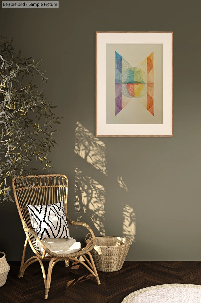 Rattan chair with patterned cushion beside a plant, under abstract geometric artwork on a green wall.
