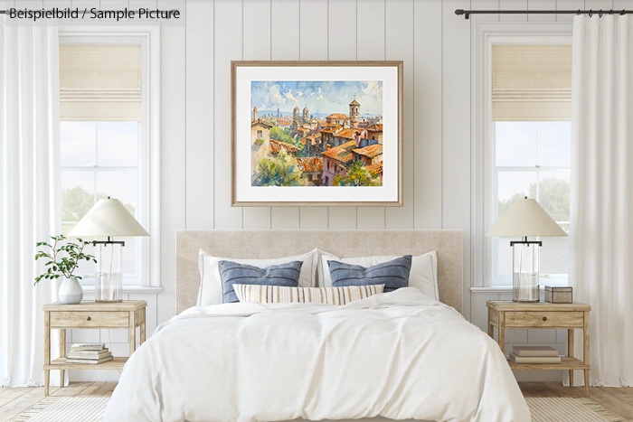 Stylish bedroom with a large bed, two side tables with lamps, and a framed cityscape painting above the headboard.