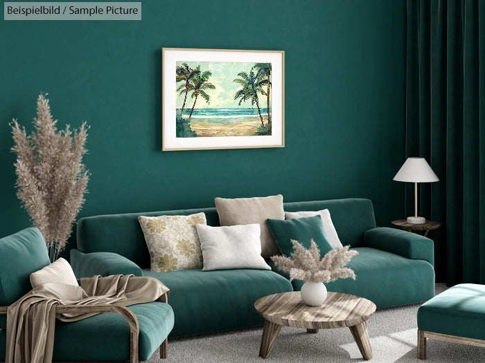Modern living room with green sofa, palm tree artwork, and natural decor elements on a green wall.