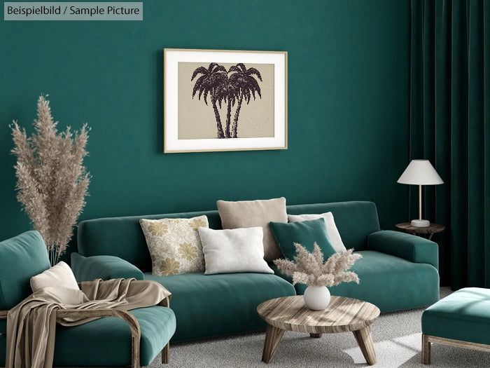 Modern living room with green walls, teal sofa, pillows, a lamp, and framed palm tree art.