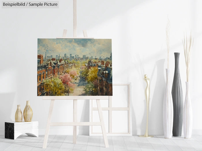 Interior with painting of a cityscape on an easel, surrounded by modern vases and neutral decor.