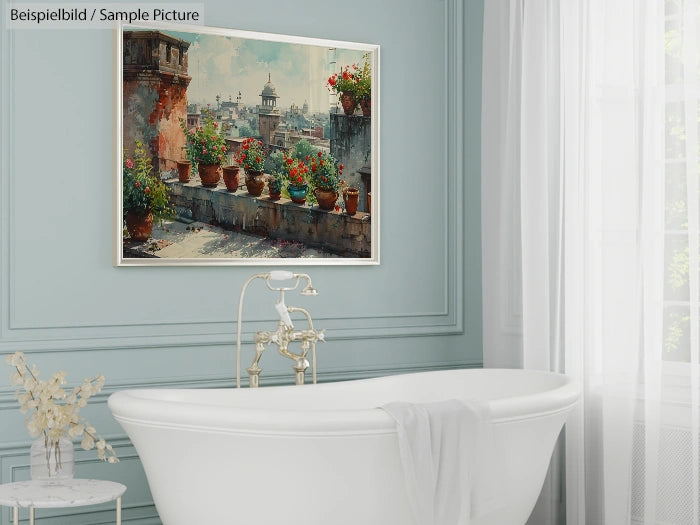 Bathroom with vintage bathtub and painting of a terrace garden overlooking a cityscape on the wall.