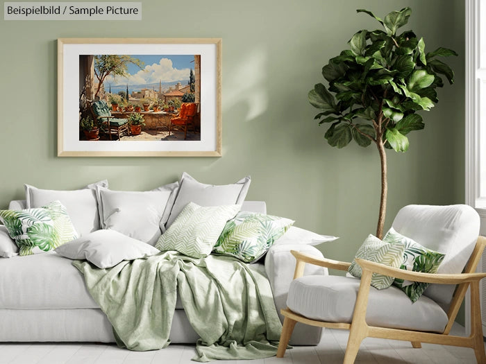 Elegant living room with green walls, white sofa, plant, and framed Mediterranean landscape painting.