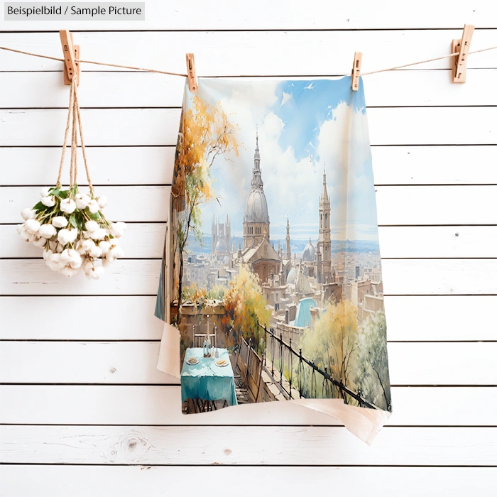 Towel with a cityscape painting hanging on a white wooden wall with flowers.