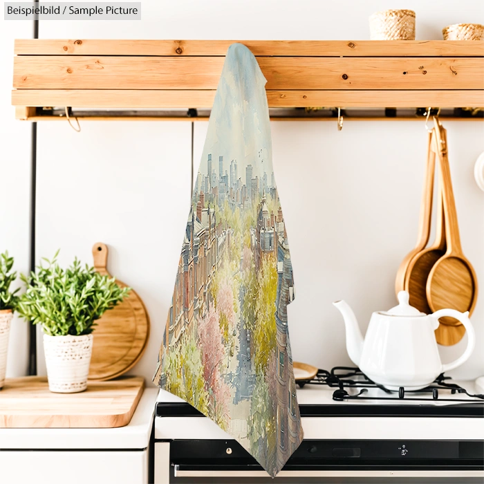 Kitchen with a hand towel featuring a cityscape design hanging on a wooden rack above a stove.