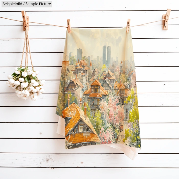 Towel with a print of a scenic cityscape featuring colorful rooftops and blooming trees, hanging on a white wooden wall.