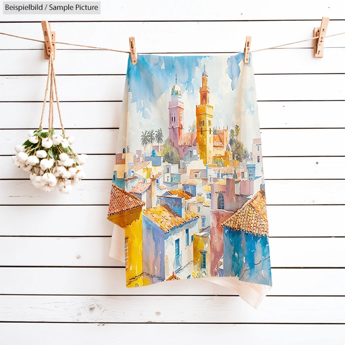 Colorful Moroccan cityscape towel hanging on wooden wall with flowers, featuring vivid buildings and towers.