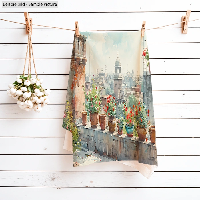 Towel with painted cityscape and potted plants draped on a clothesline against a white wooden background.
