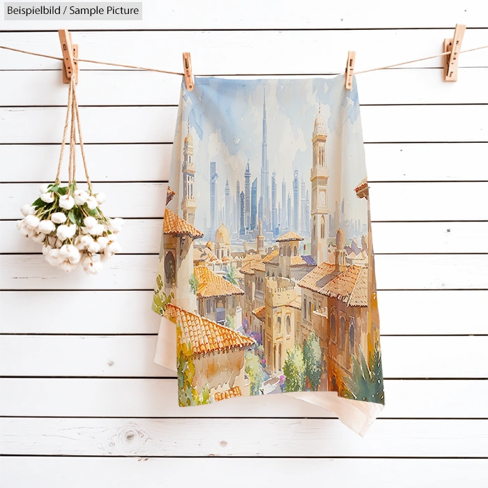 Towel printed with a watercolor cityscape against a wooden backdrop, featuring minarets and modern skyscrapers.