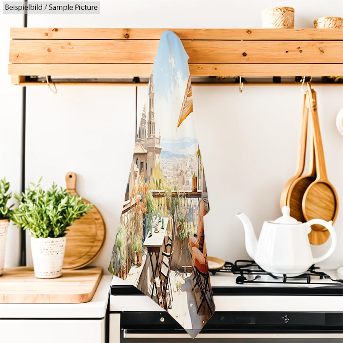 Photorealistic towel with a cityscape design hanging on a kitchen stove handle next to plants and kitchenware.
