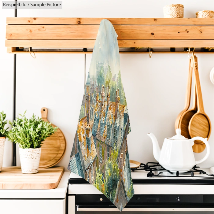 Cozy kitchen with a landscape painting kitchen towel hanging on a wooden rack above a stove and teapot.