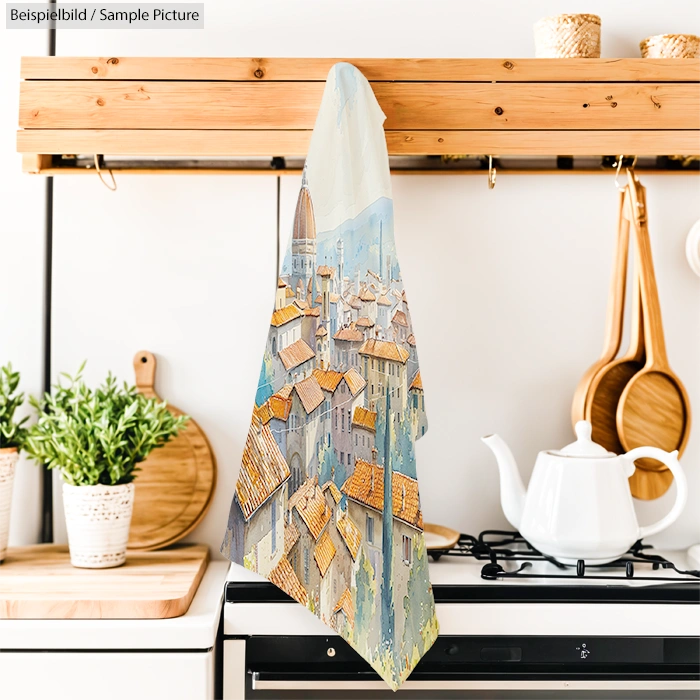 Kitchen with a scenic Italian cityscape towel hanging, teapot on stove, and plants on wooden shelves.