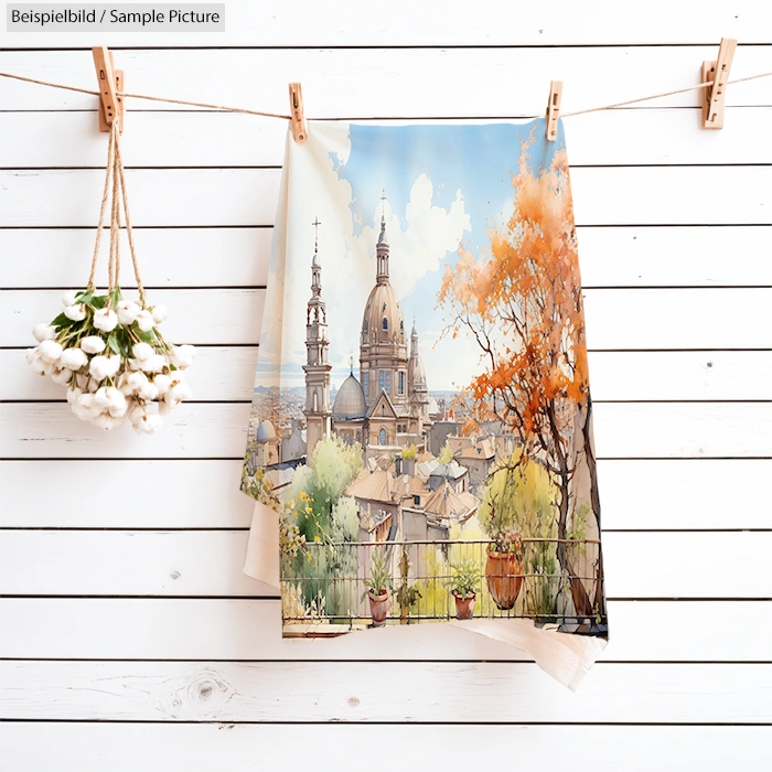 Decorative towel with cityscape art hanging on white wooden wall, next to cotton branches.