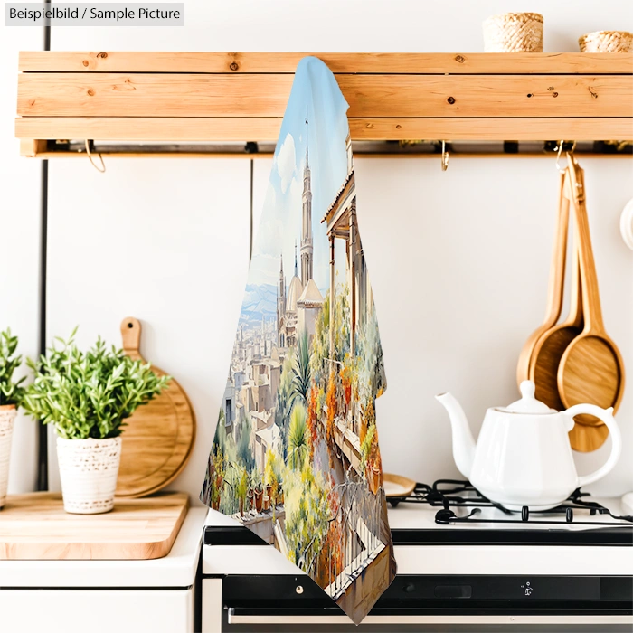Kitchen with a scenic landscape towel hanging near a white teapot and wooden utensils on the stove, surrounded by plants.