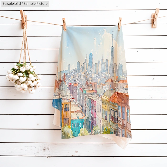 Hanging towel with a colorful cityscape design against a wooden wall background, with white flowers on a clothesline.