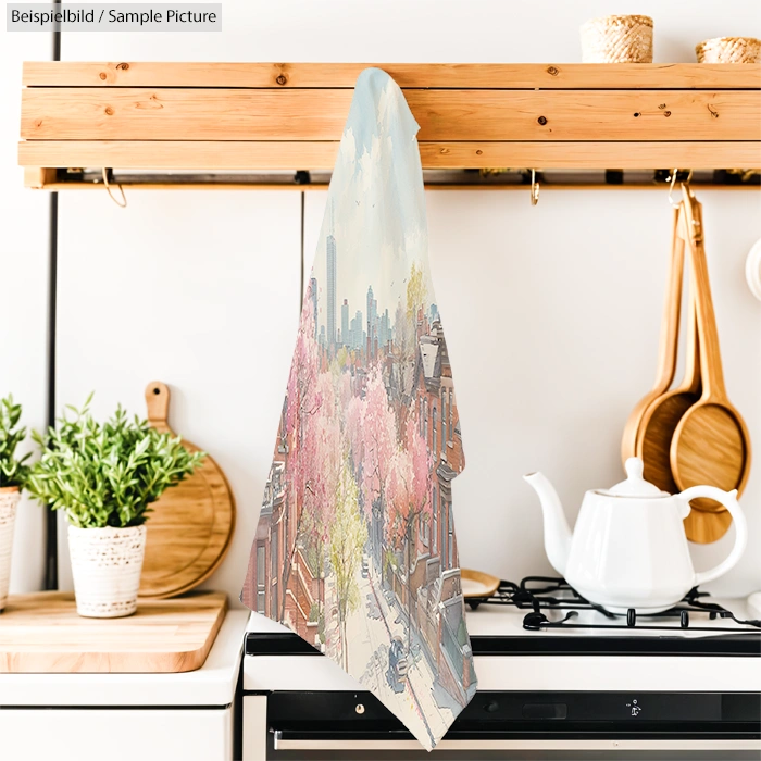 Kitchen setting with a colorful towel hanging on a wooden rack, featuring a scenic cityscape illustration with trees.