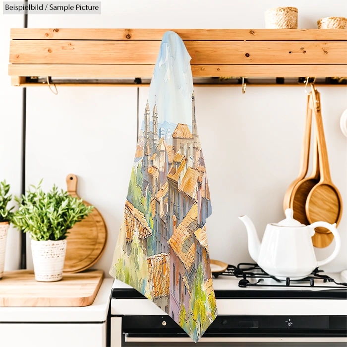 Kitchen with wooden decor featuring a decorative towel with a watercolor cityscape design hanging on an oven handle.