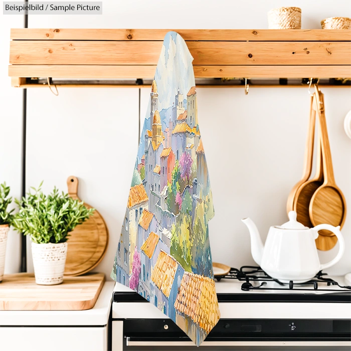Well-lit kitchen with hanging towel depicting a vibrant cityscape, next to a white kettle on the stove.
