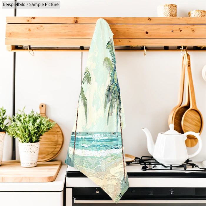 Cozy kitchen with a decorative towel featuring palm trees and ocean waves, hanging above a stove with a white teapot.