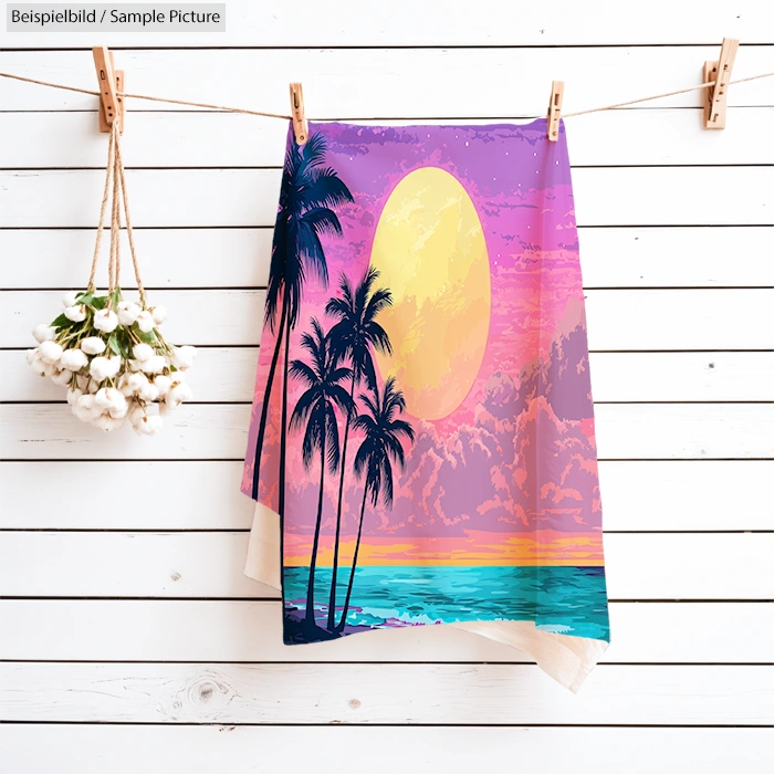 Colorful beach towel with palm trees and sunset design on a white wooden backdrop.