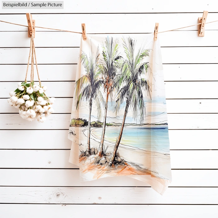 Beach towel with palm tree illustration hanging on white wooden wall, accented by hanging white flowers.