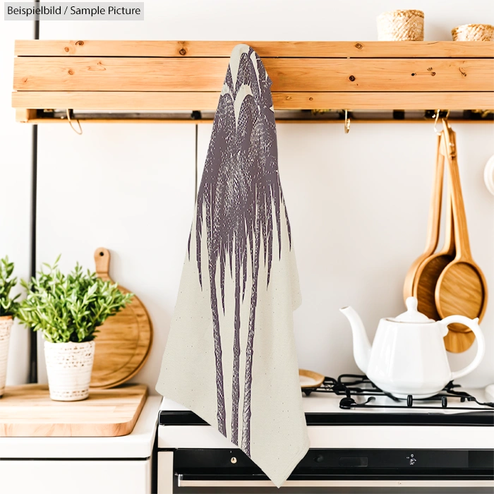 Kitchen scene with a printed towel hanging on an oven handle, surrounded by plants and a teapot on the stovetop.