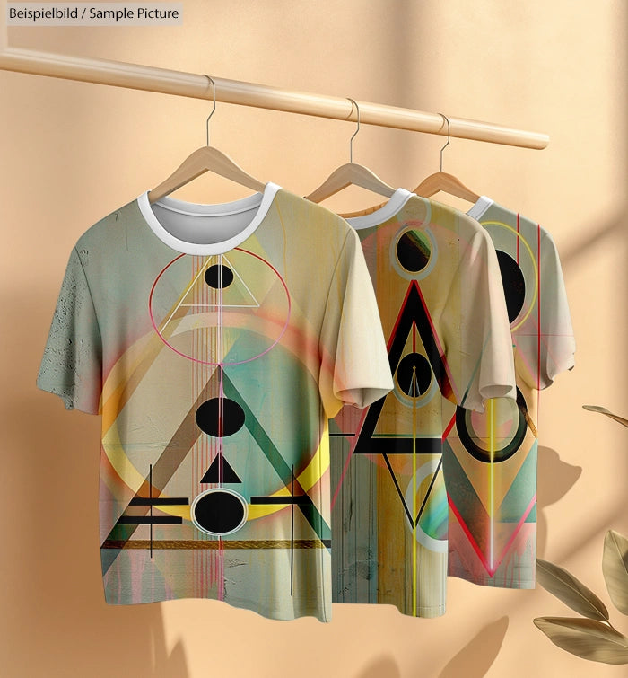 Three abstract graphic t-shirts with geometric designs hanging on a clothing rack.