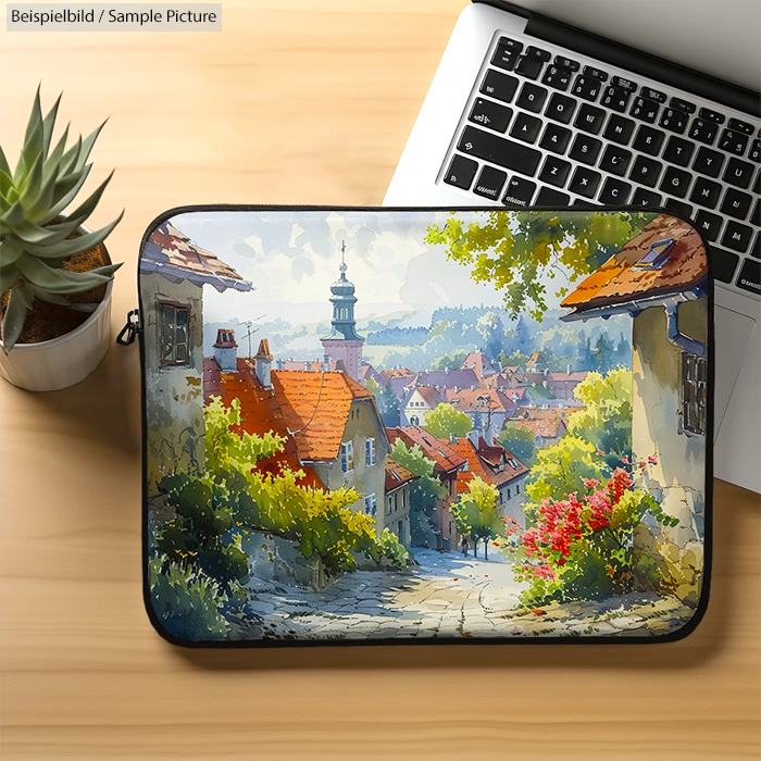 Laptop sleeve with a painting of a picturesque European village on a wooden desk beside a laptop and succulent.