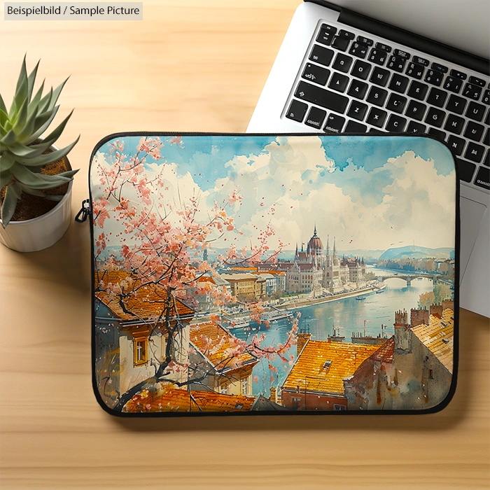 Laptop case with a cityscape painting, featuring a river, buildings with red roofs, and blooming cherry blossoms.