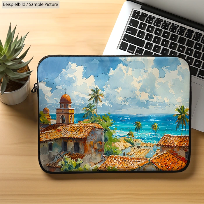 Laptop sleeve with Mediterranean village painting beside a laptop and potted plant.