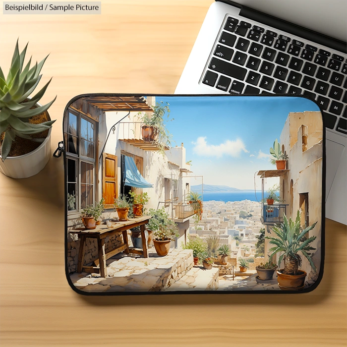 Laptop with sleeve featuring Mediterranean courtyard design, surrounded by potted succulents on a wooden table.