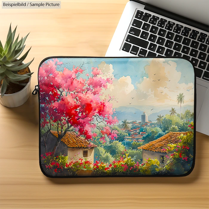 Colorful laptop case with vibrant village scene beside a laptop and succulent plant on a desk.