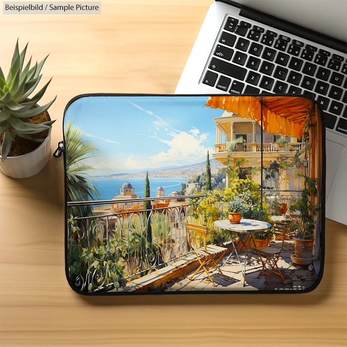 Laptop sleeve with artwork of a sunny Mediterranean balcony overlooking the sea, featuring plants and patio furniture.