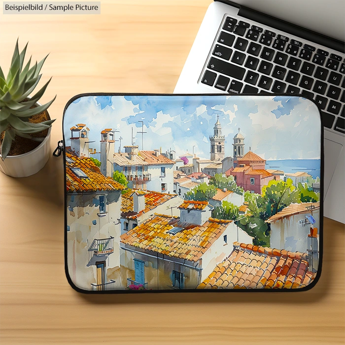 Laptop sleeve featuring a watercolor painting of a Mediterranean village with orange rooftops and distant sea view.