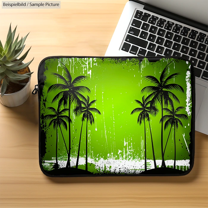 Laptop with green tropical palm tree sleeve on wooden desk beside a potted plant.