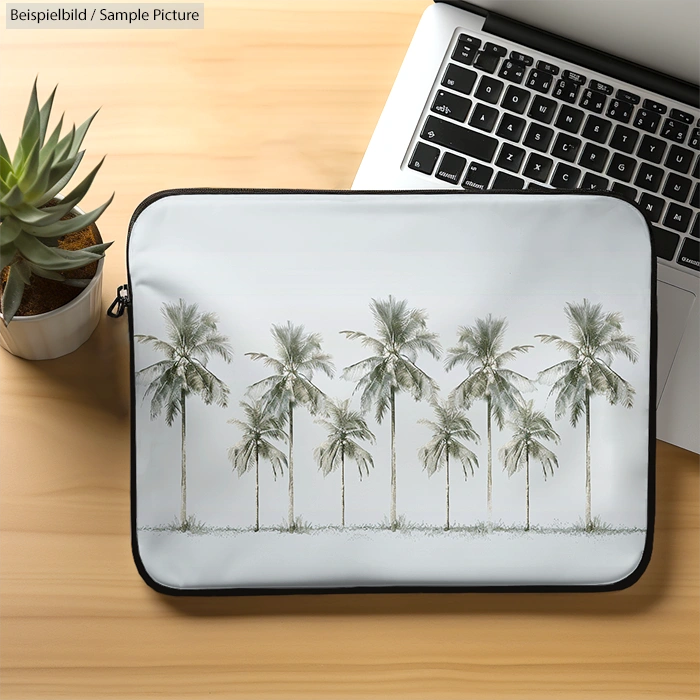 Palm tree laptop sleeve on a desk with a laptop and a small plant.